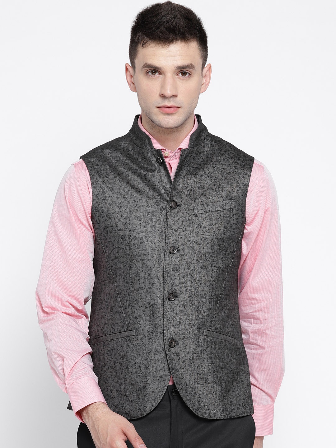 

Blackberrys Charcoal Grey Self-Design Slim Fit Smart Casual Nehru Jacket