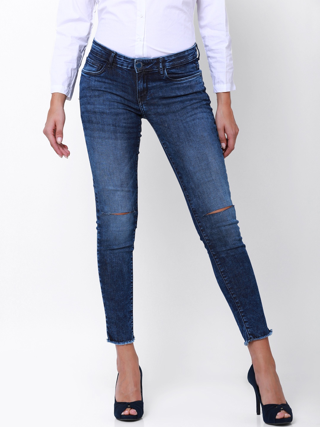 

Tokyo Talkies Women Navy Blue Super Skinny Fit Mid-Rise Slash Knee Jeans