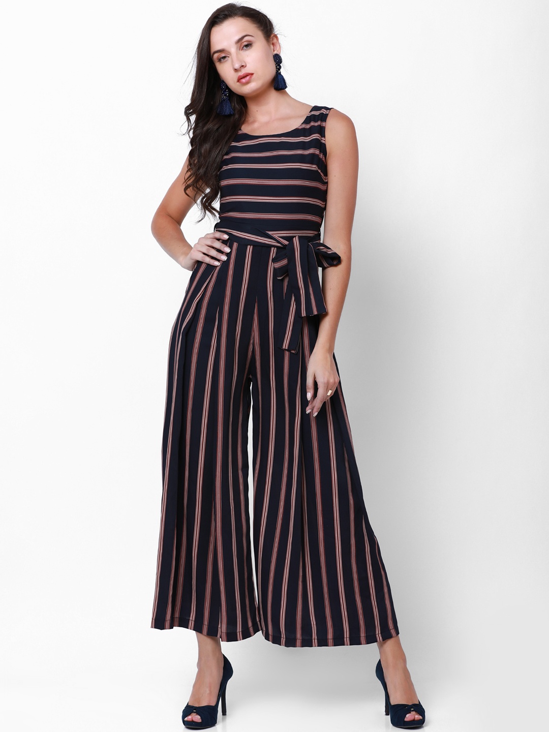

Tokyo Talkies Navy Blue & Maroon Striped Basic Jumpsuit