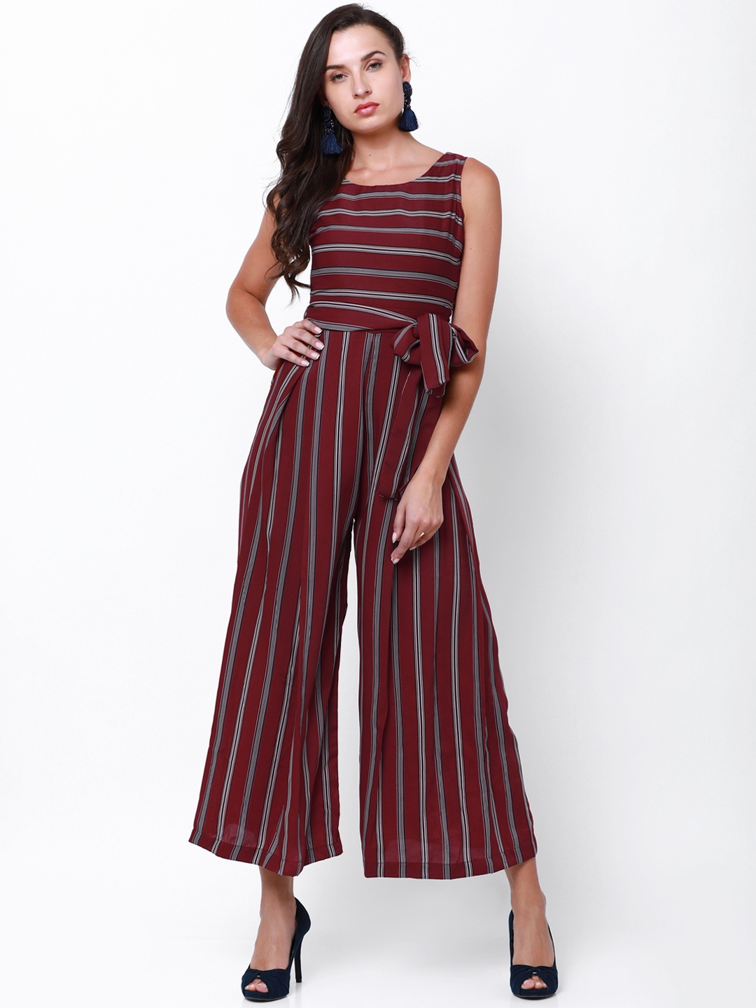 

Tokyo Talkies Maroon & Grey Striped Basic Jumpsuit