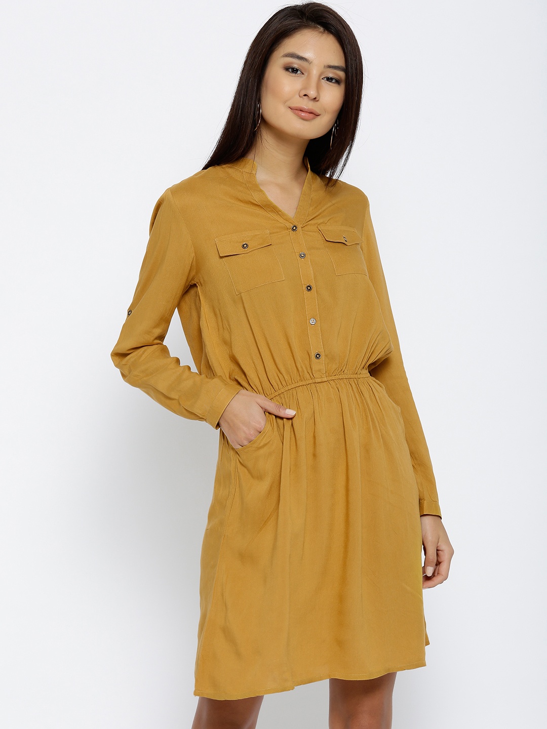 

Vaak Women Mustard Yellow Solid Fit and Flare Dress