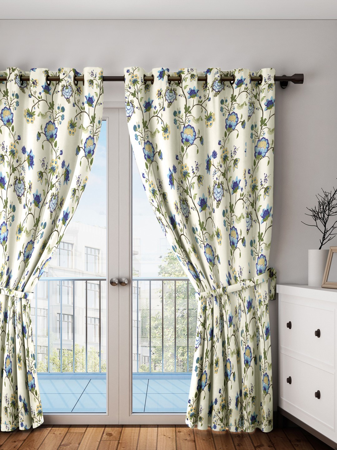 

SWAYAM Cream-Coloured & Blue Printed Black Out Door Curtains