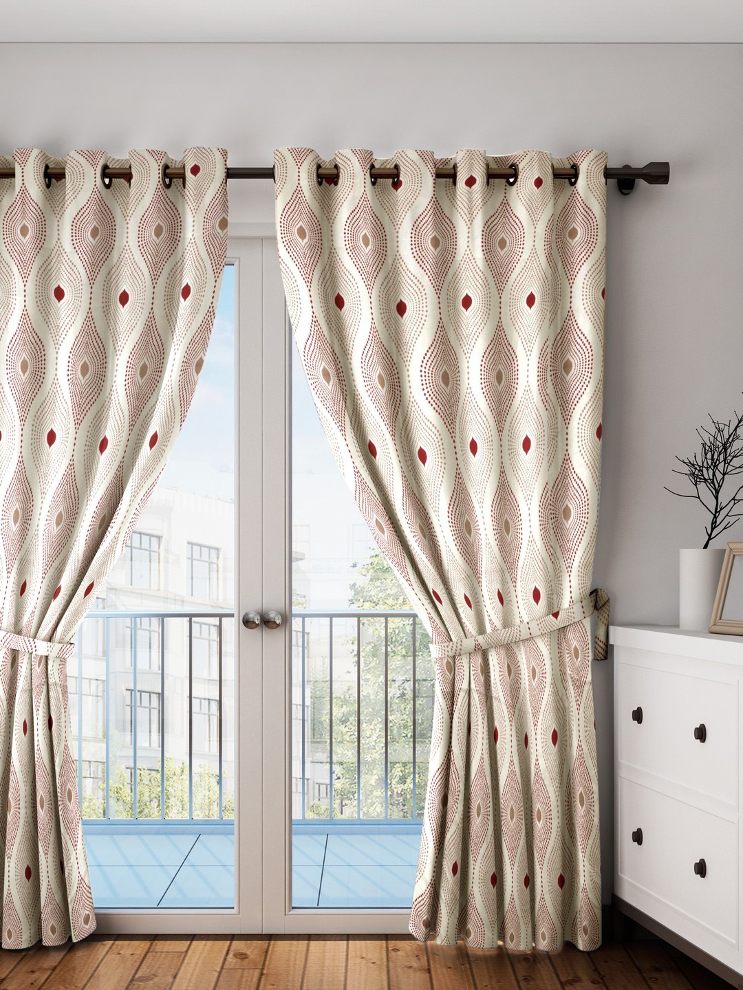 

SWAYAM Off-White & Red Long Door Curtains