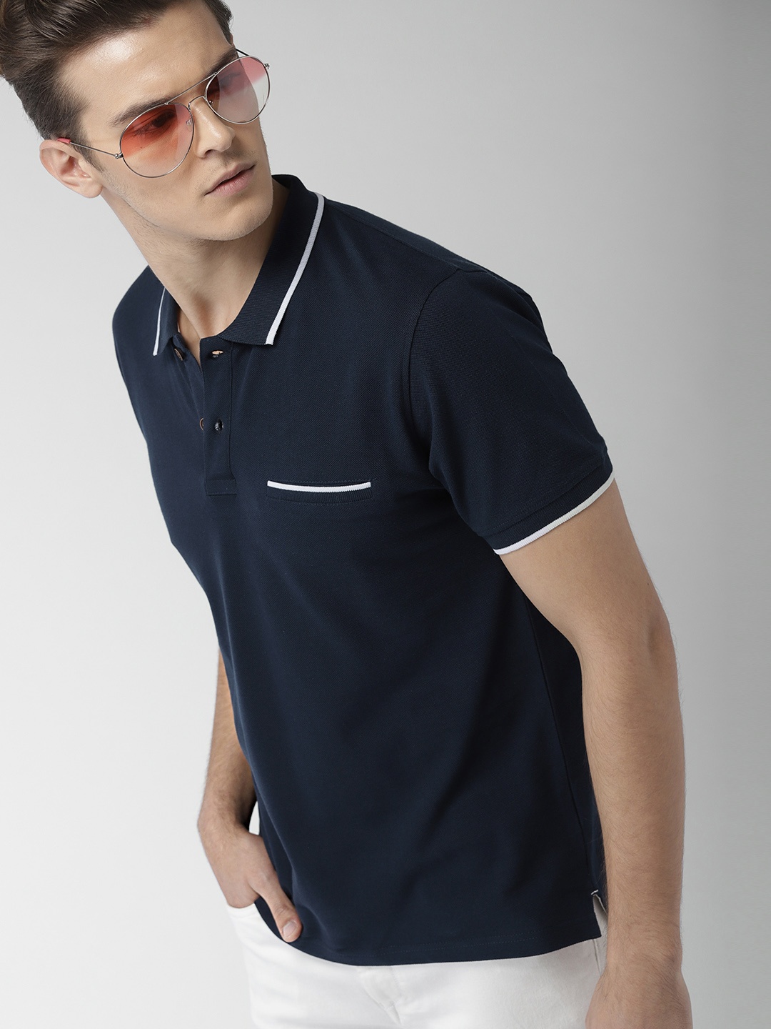 

Mast Harbour Men Navy Blue Solid Polo Collar Pure Cotton T-shirt