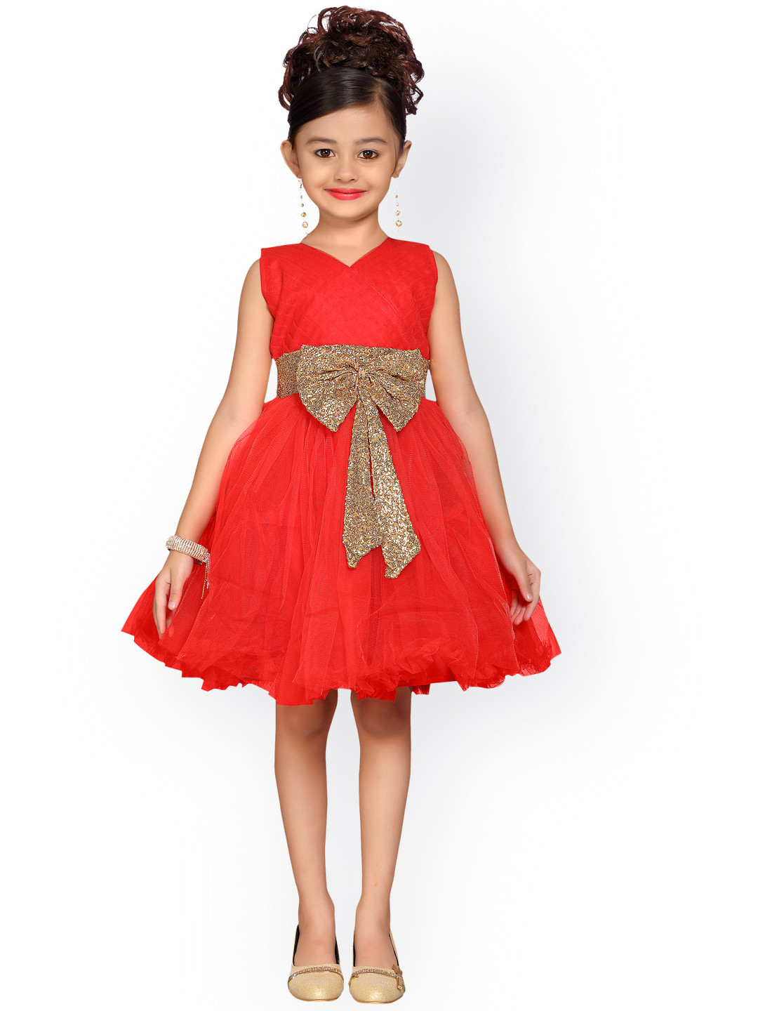 

ADIVA Girls Red Solid Net Empire Dress