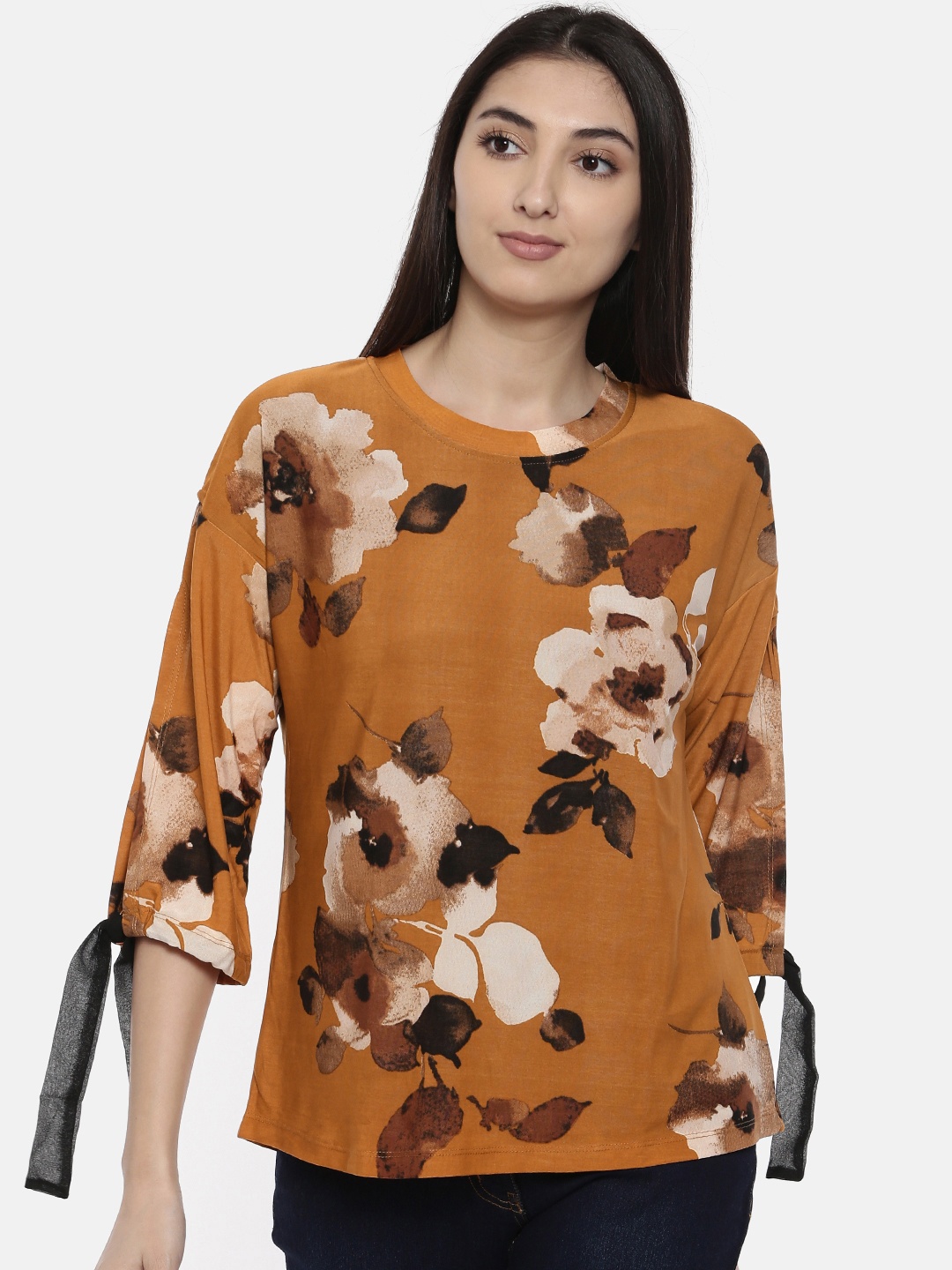 

AND Women Mustard Brown & Black Printed Top