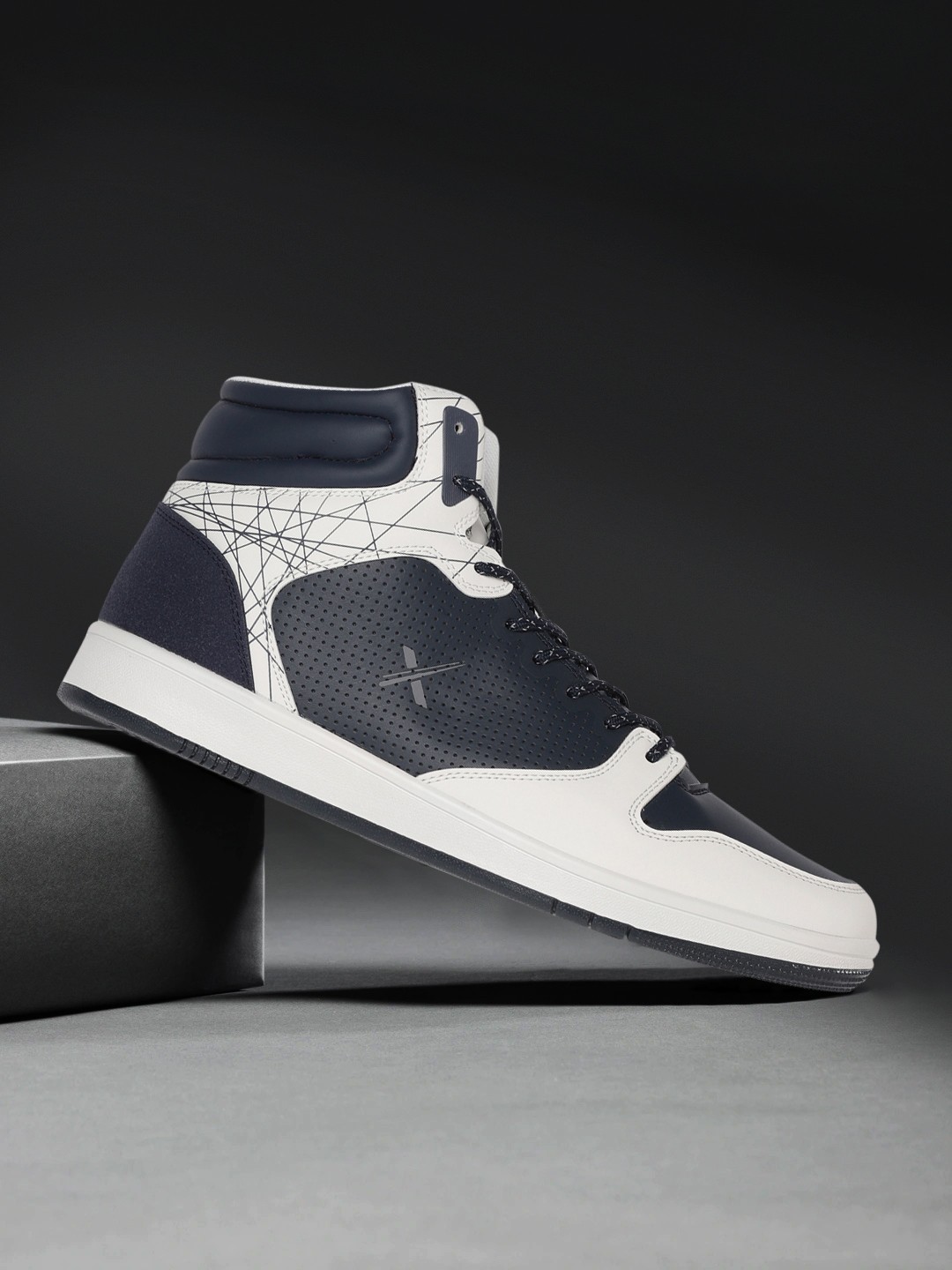 

HRX by Hrithik Roshan Men Navy & White Colourblocked Synthetic Mid-Top Hoop Life Sneakers, Navy blue