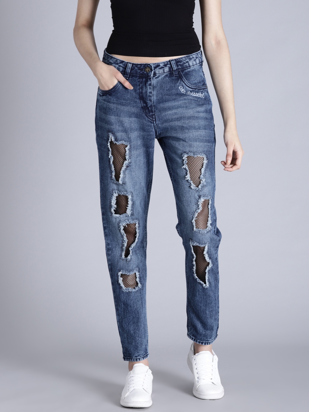 

Kook N Keech Women Blue Boyfriend Fit Mid-Rise Highly Distressed Jeans