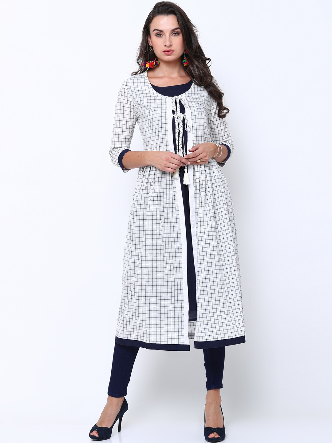 

Vishudh Women White & Navy Blue Checked Anarkali Kurta