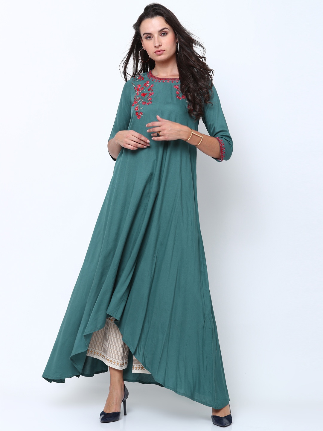 

Vishudh Women Teal Embroidered Anarkali Kurta