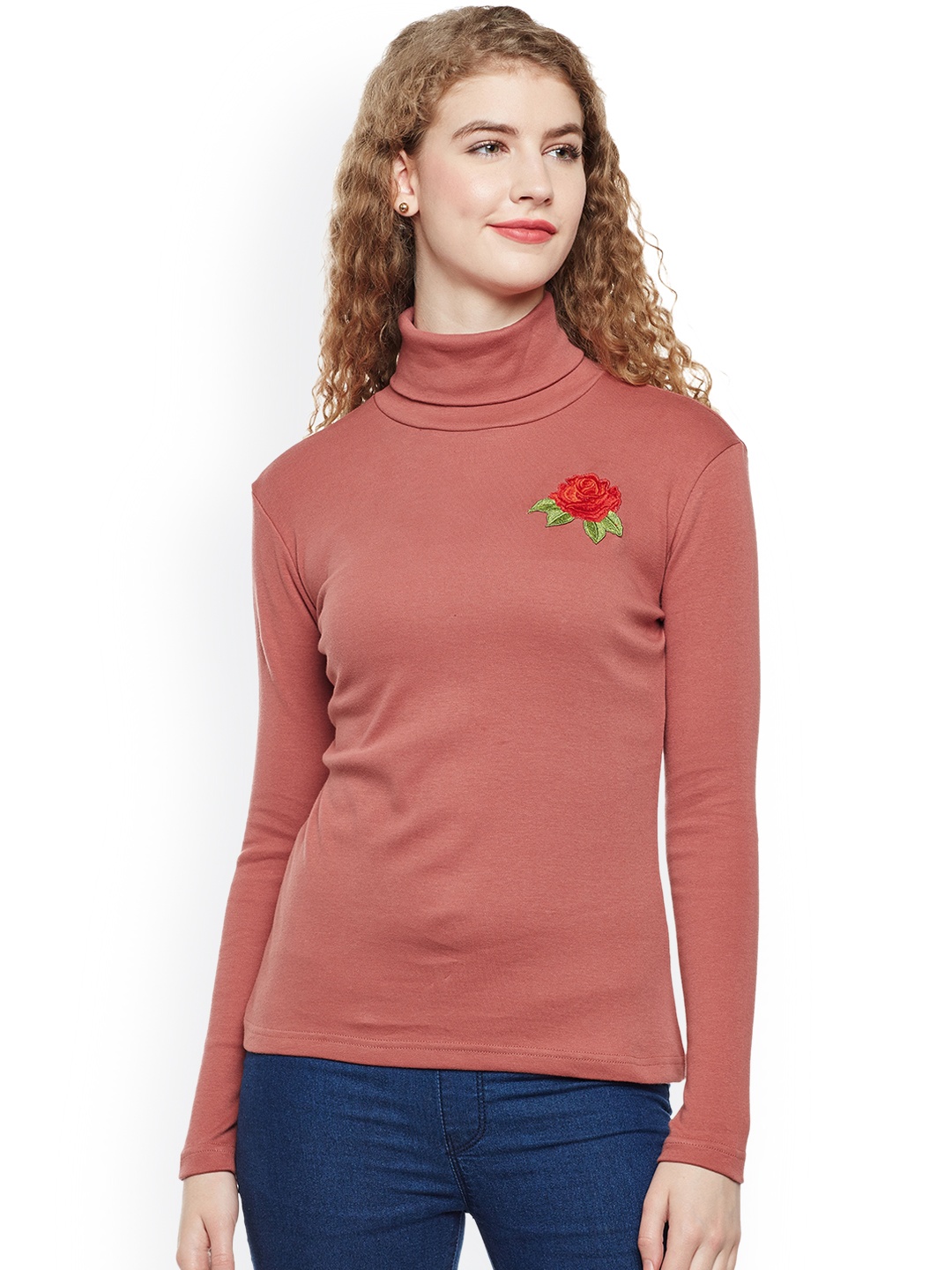 

Hypernation Women Rust Solid High Neck Slim Fit T-shirt