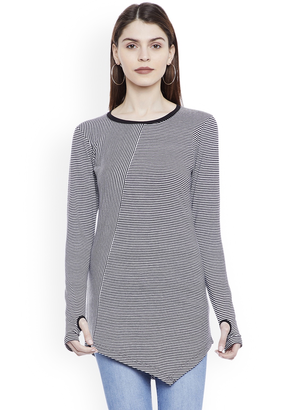 

Hypernation Women Black Striped Round Neck T-shirt