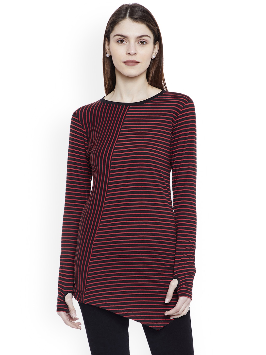 

Hypernation Women Red & Black Striped Round Neck Slim Fit T-shirt