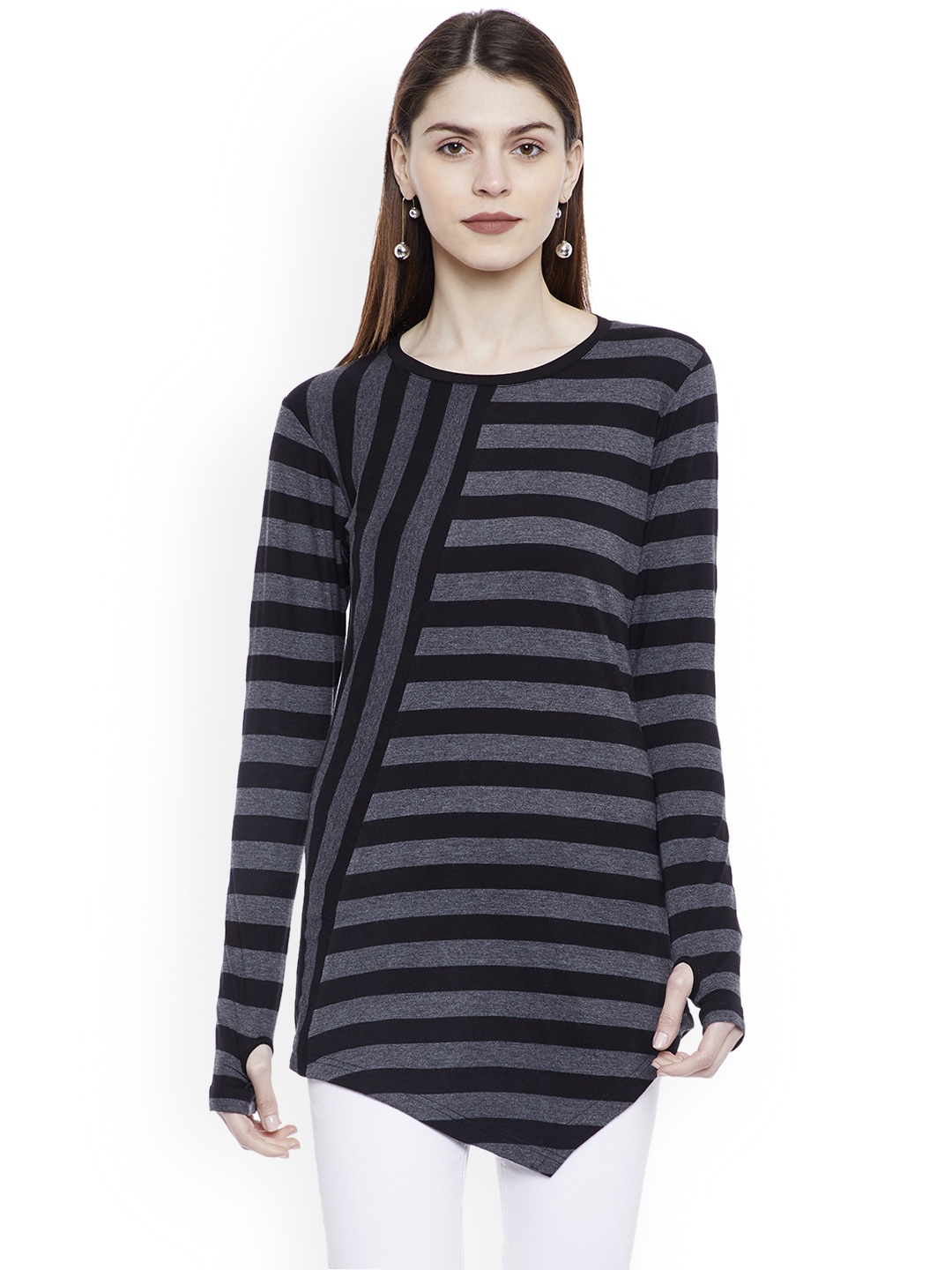 

Hypernation Women Black Striped Round Neck T-shirt