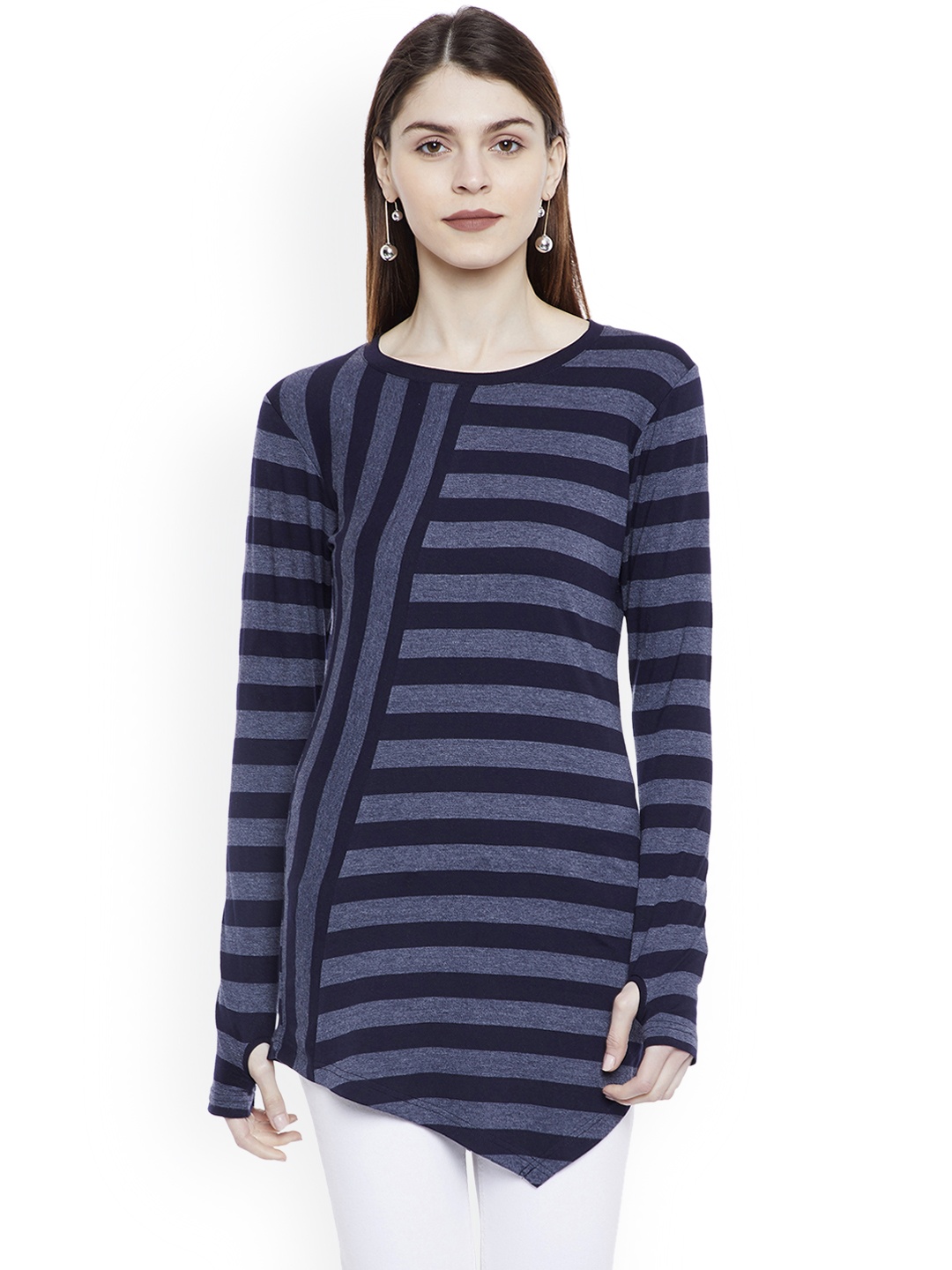 

Hypernation Women Blue Striped Round Neck T-shirt