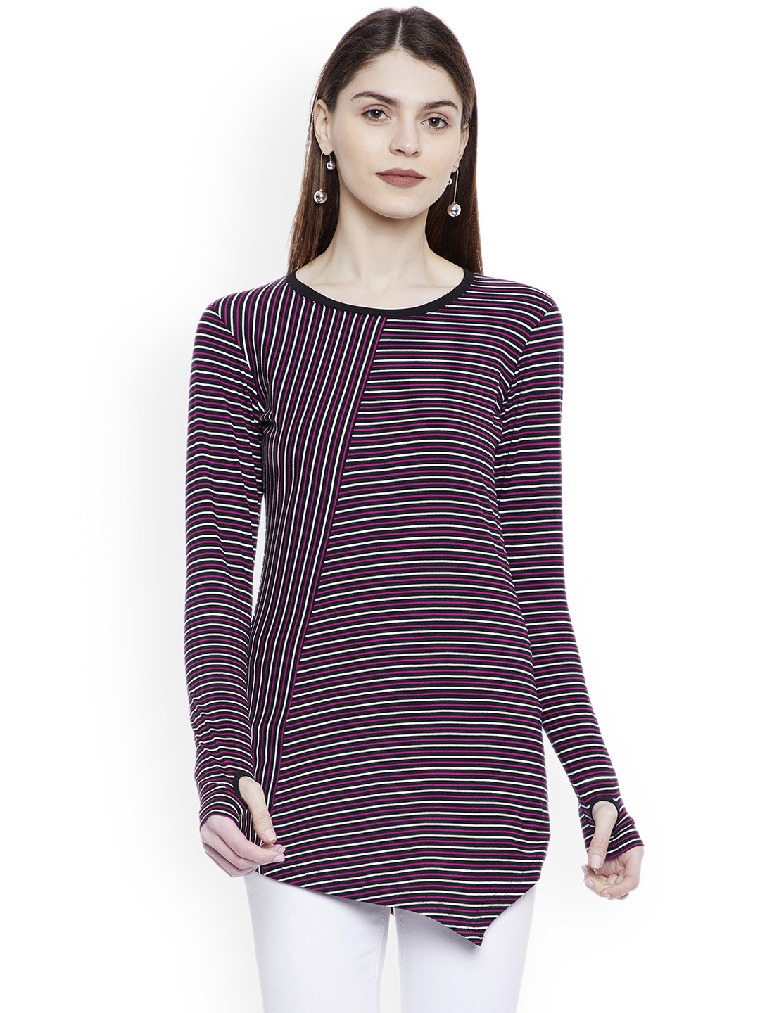 

Hypernation Women Magenta Striped Round Neck T-shirt