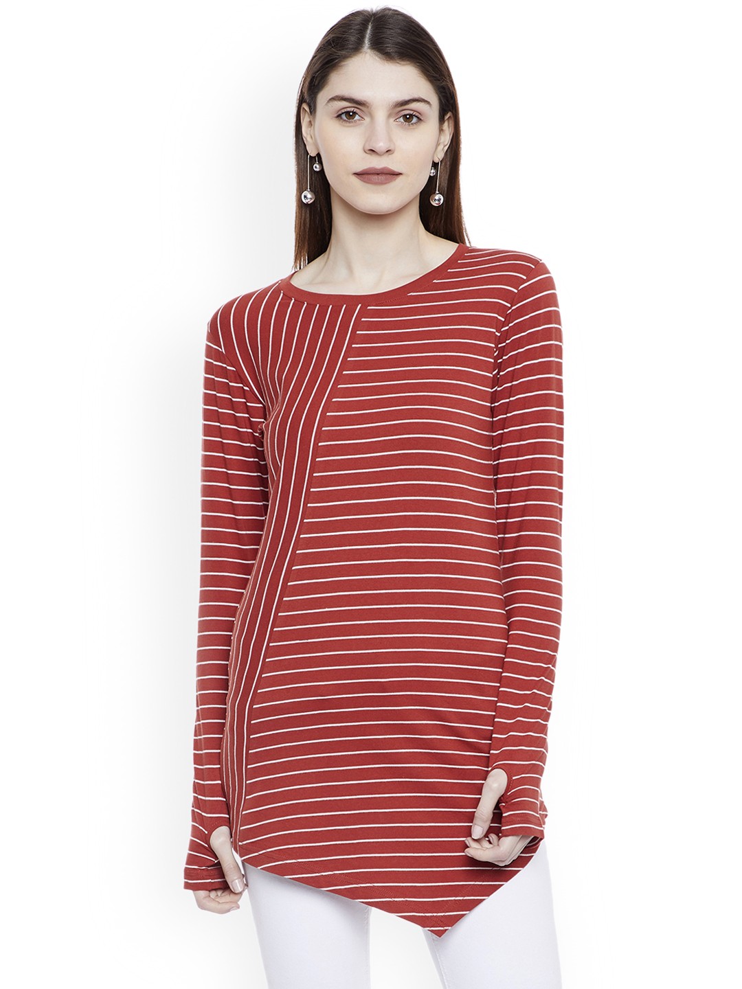 

Hypernation Women Rust & White Striped Round Neck Slim Fit T-shirt