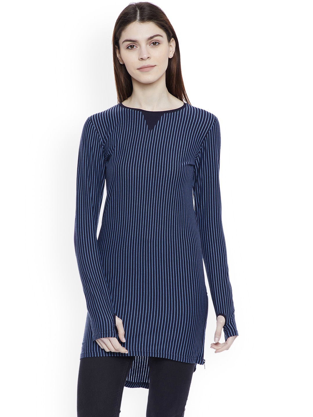 

Hypernation Women Navy Blue Striped Round Neck T-shirt