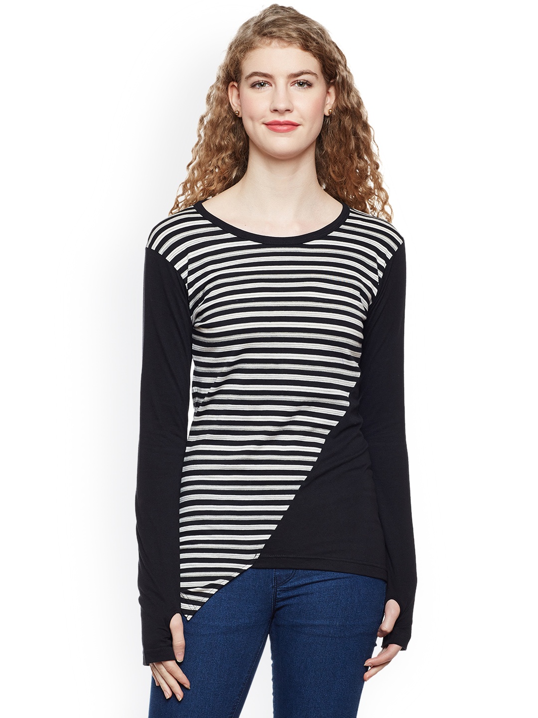 

Hypernation Women Black Striped Round Neck T-shirt