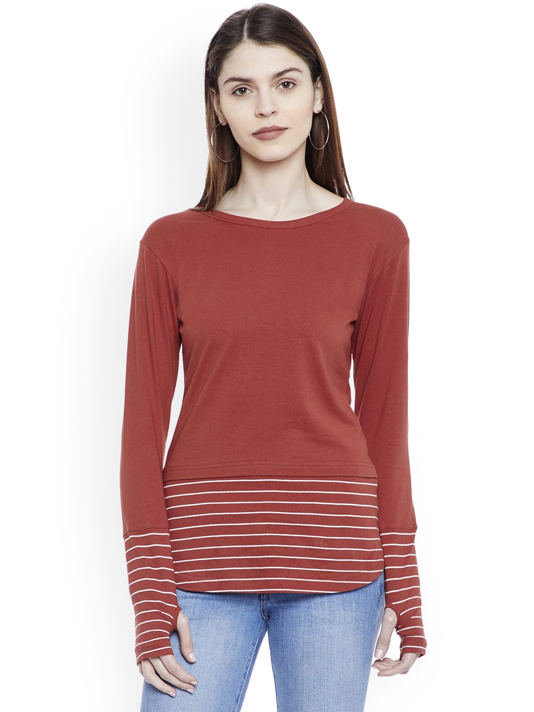 

Hypernation Women Rust & White Striped Round Neck Slim Fit T-shirt