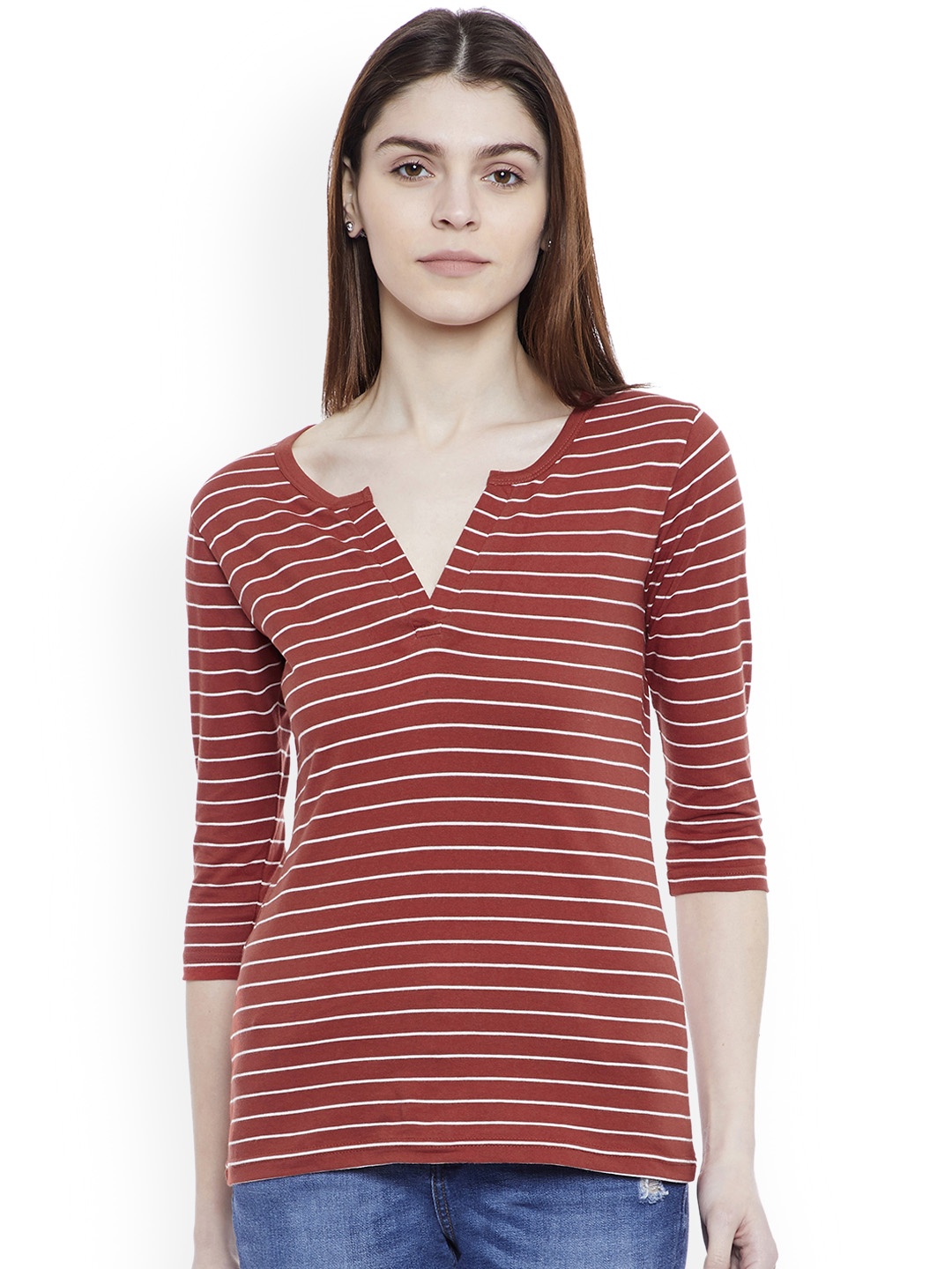 

Hypernation Women Rust & White Striped V-Neck Slim Fit T-shirt