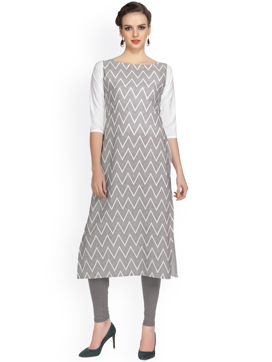 

ZIYAA Women Grey Printed Straight Kurta