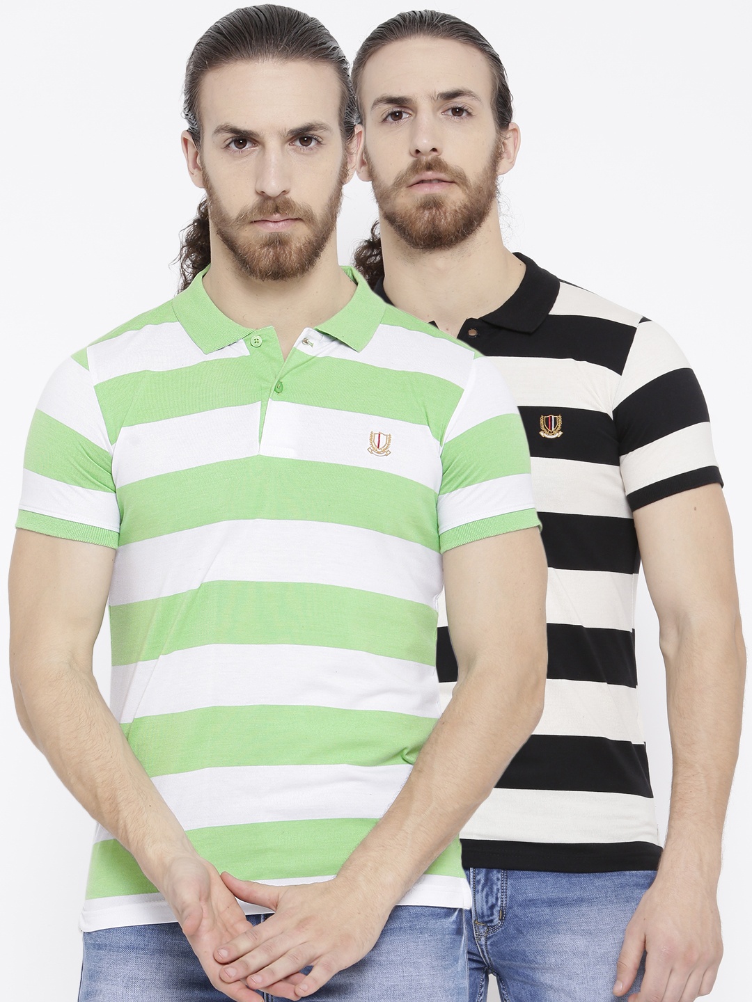 

Duke Men Cotton Striped Pack Of 2 Polo Collar T-Shirts, Green