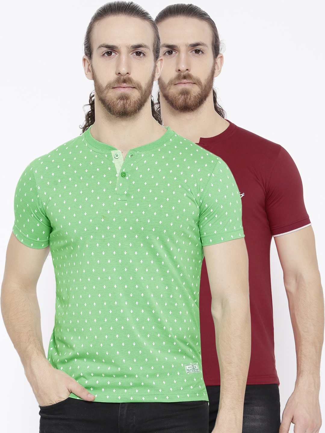 

Duke Men Cotton Striped Pack Of 2 Henley Neck T-Shirts, Green