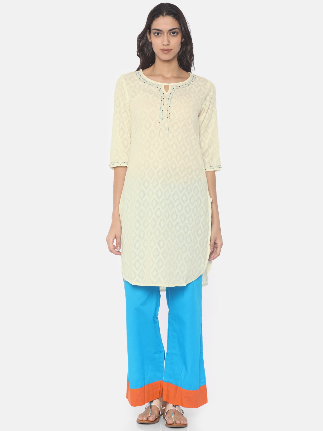 

Karigari Women Off-White Woven Design Straight Kurta with Printed detail