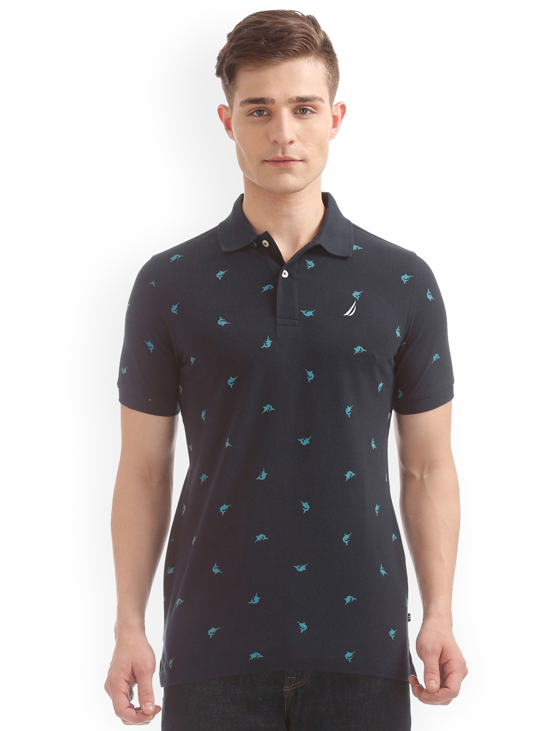 

Nautica Men Blue Printed Polo Collar Slim Fit T-shirt