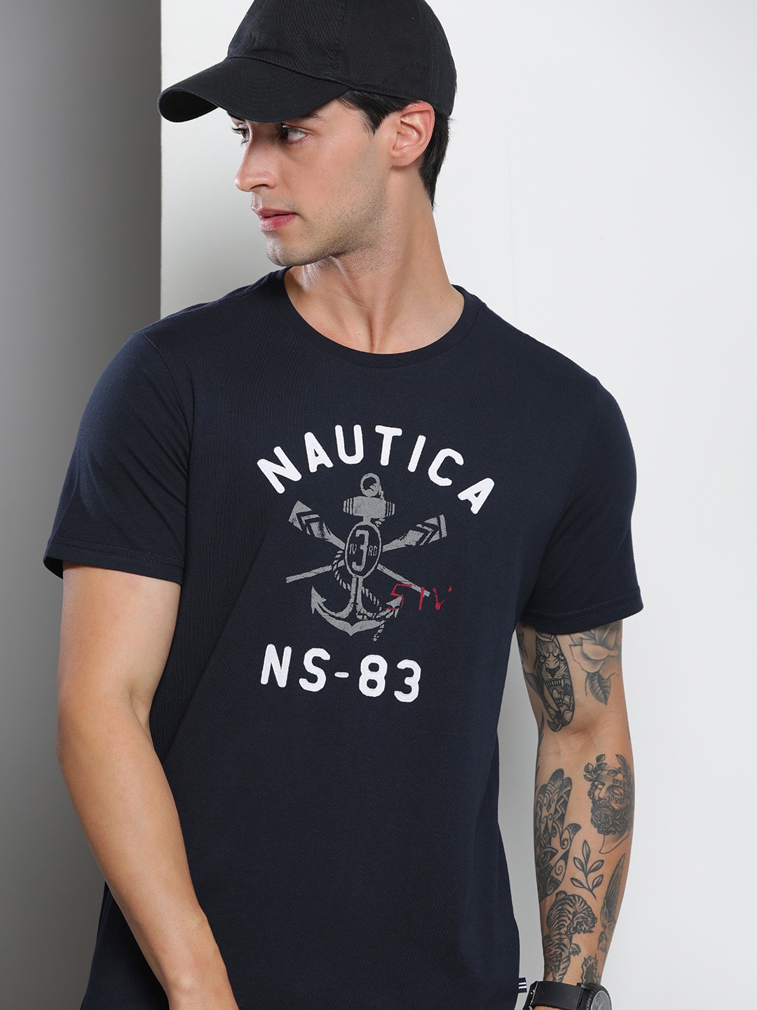 

Nautica Men Brand Logo Printed Round Neck Pure Cotton T-shirt, Navy blue