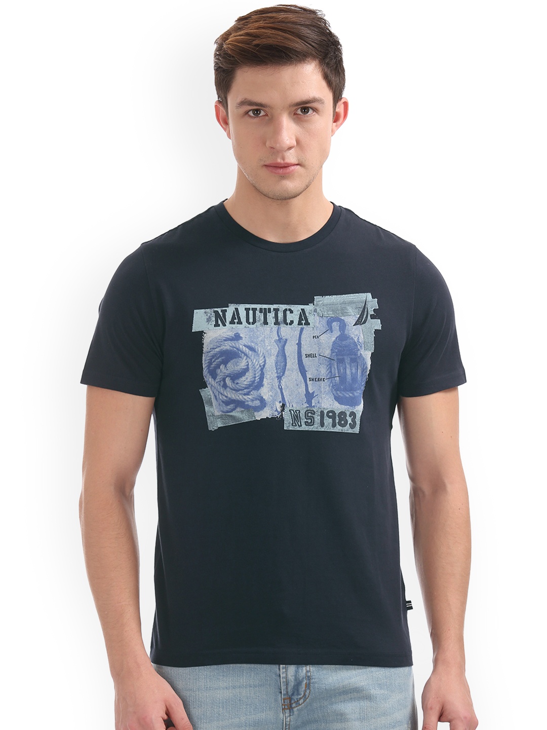 

Nautica Men Navy Blue Printed Round Neck Slim Fit T-shirt
