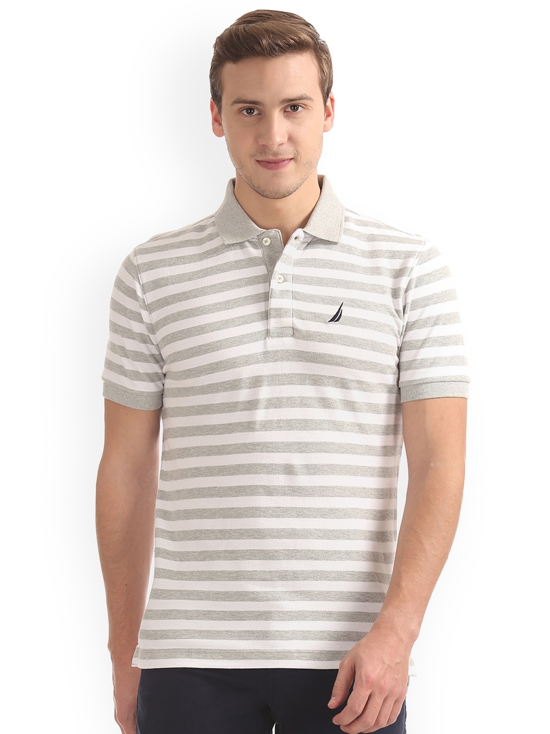 

Nautica Men Grey Striped Polo Collar Slim Fit T-shirt