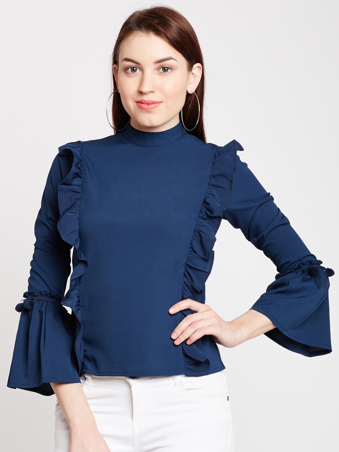 

Popnetic Women Blue Self Design Blouson Top