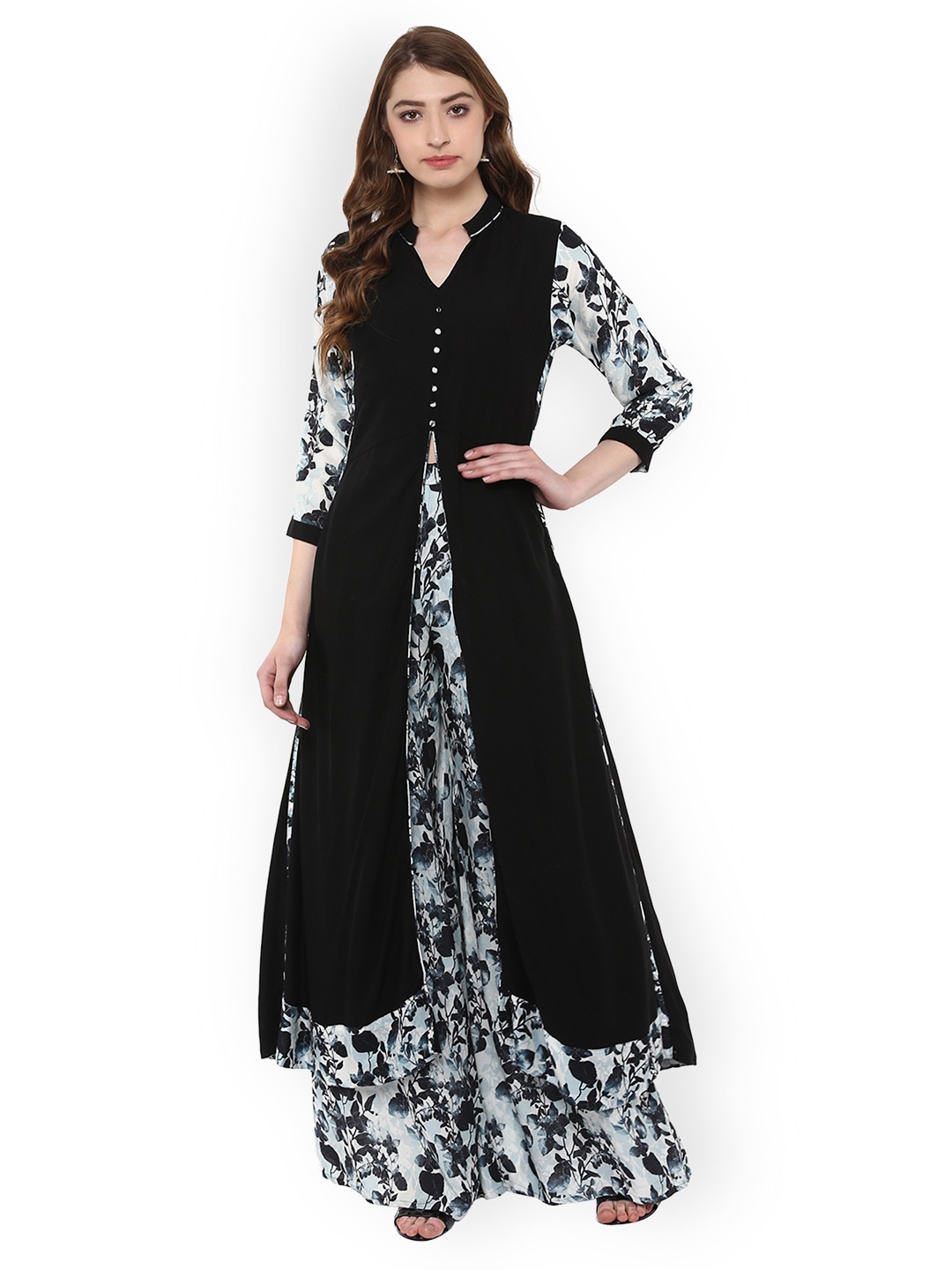 

ZIYAA Women Black & White Printed Kurta with Palazzos