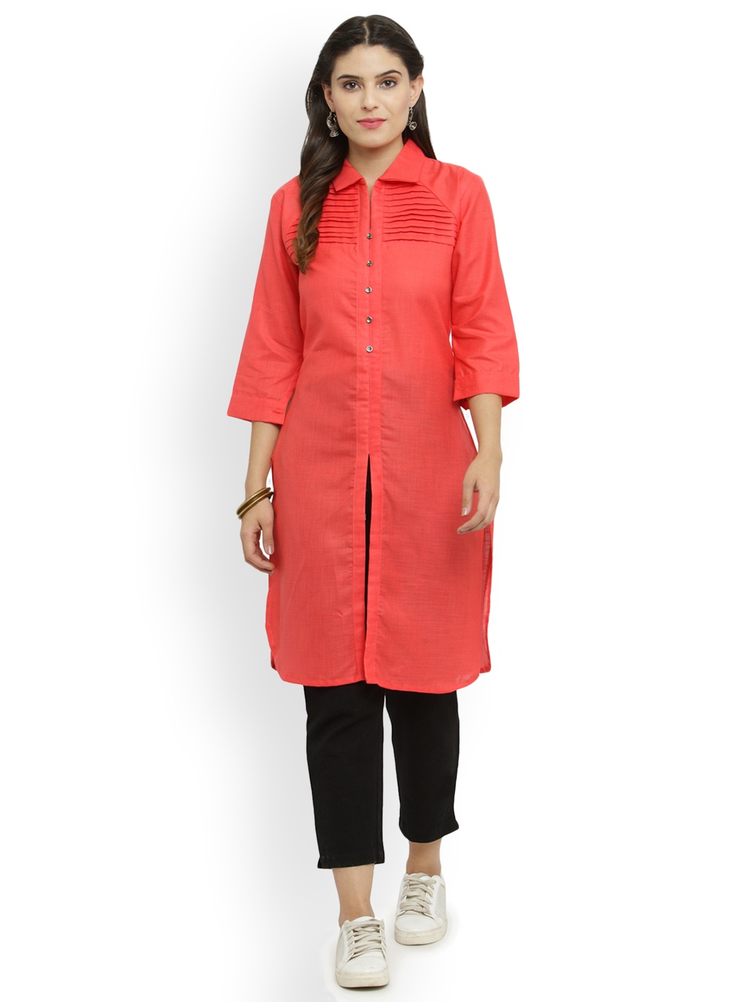

Indibelle Women Coral & Black Solid Kurta with Trousers