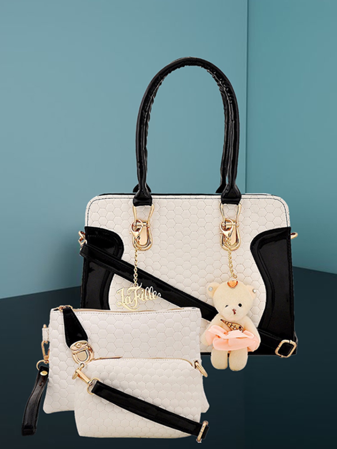 

LaFille Black & Off-White Textured Handheld Bag