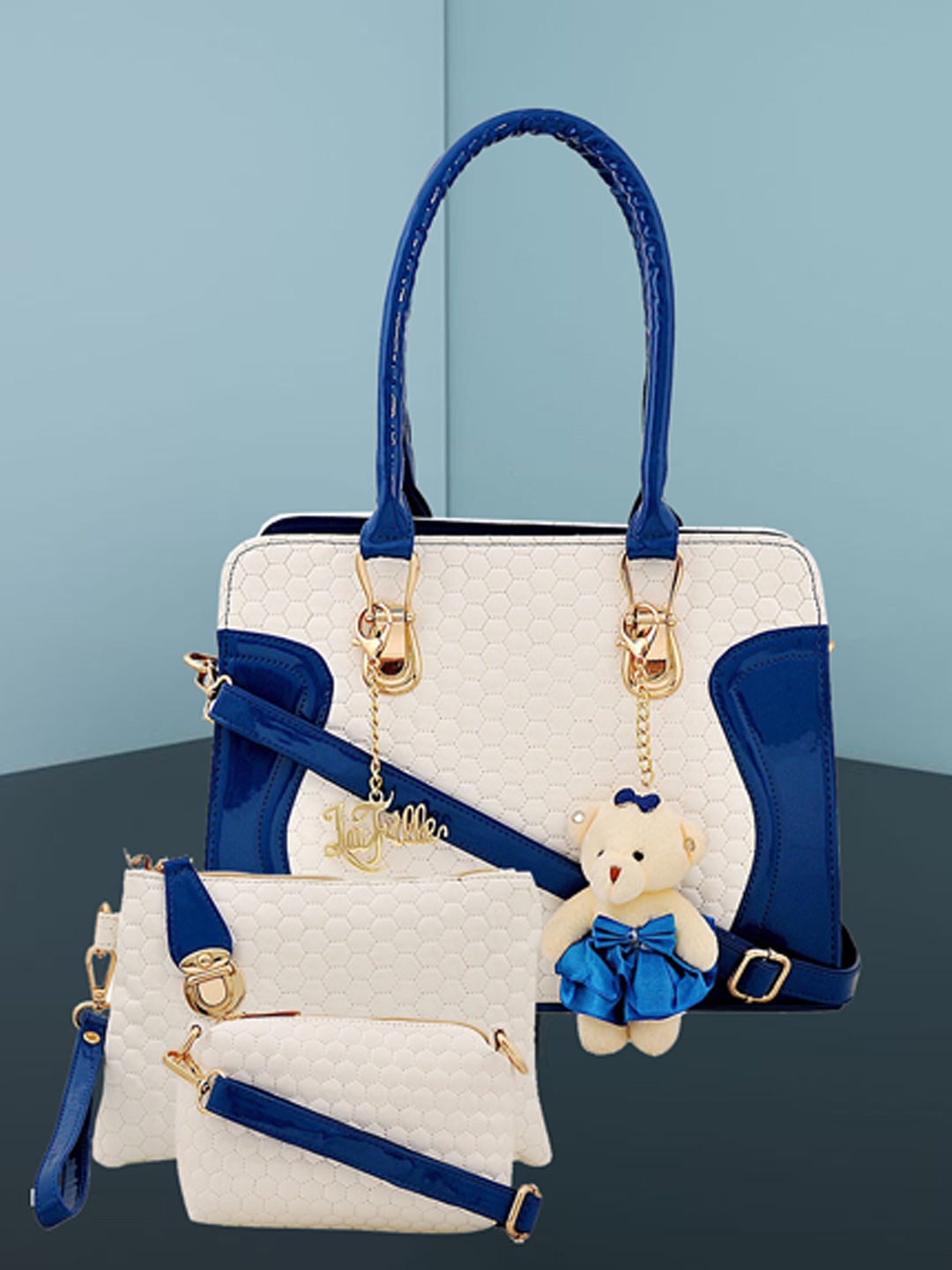 

LaFille Blue & Off-White Textured Handheld Bag