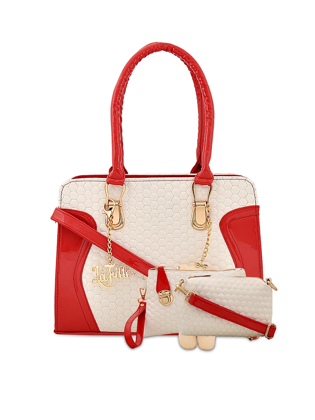 

LaFille Red & Off-White Textured Handheld Bag