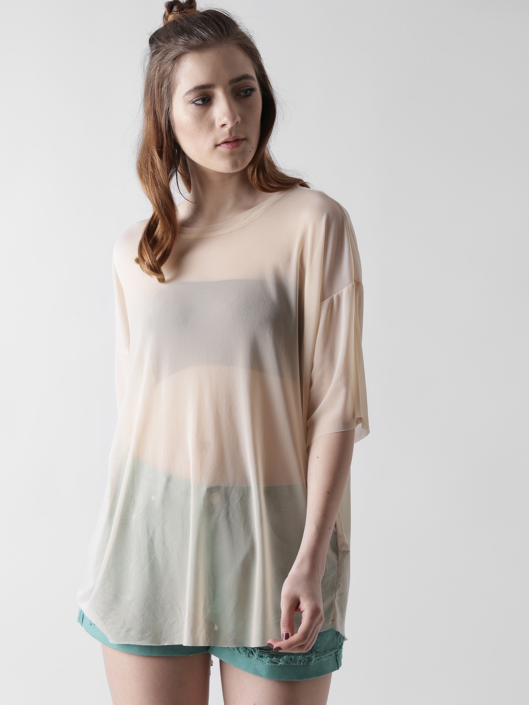 

FOREVER 21 Women Beige Sheer Top