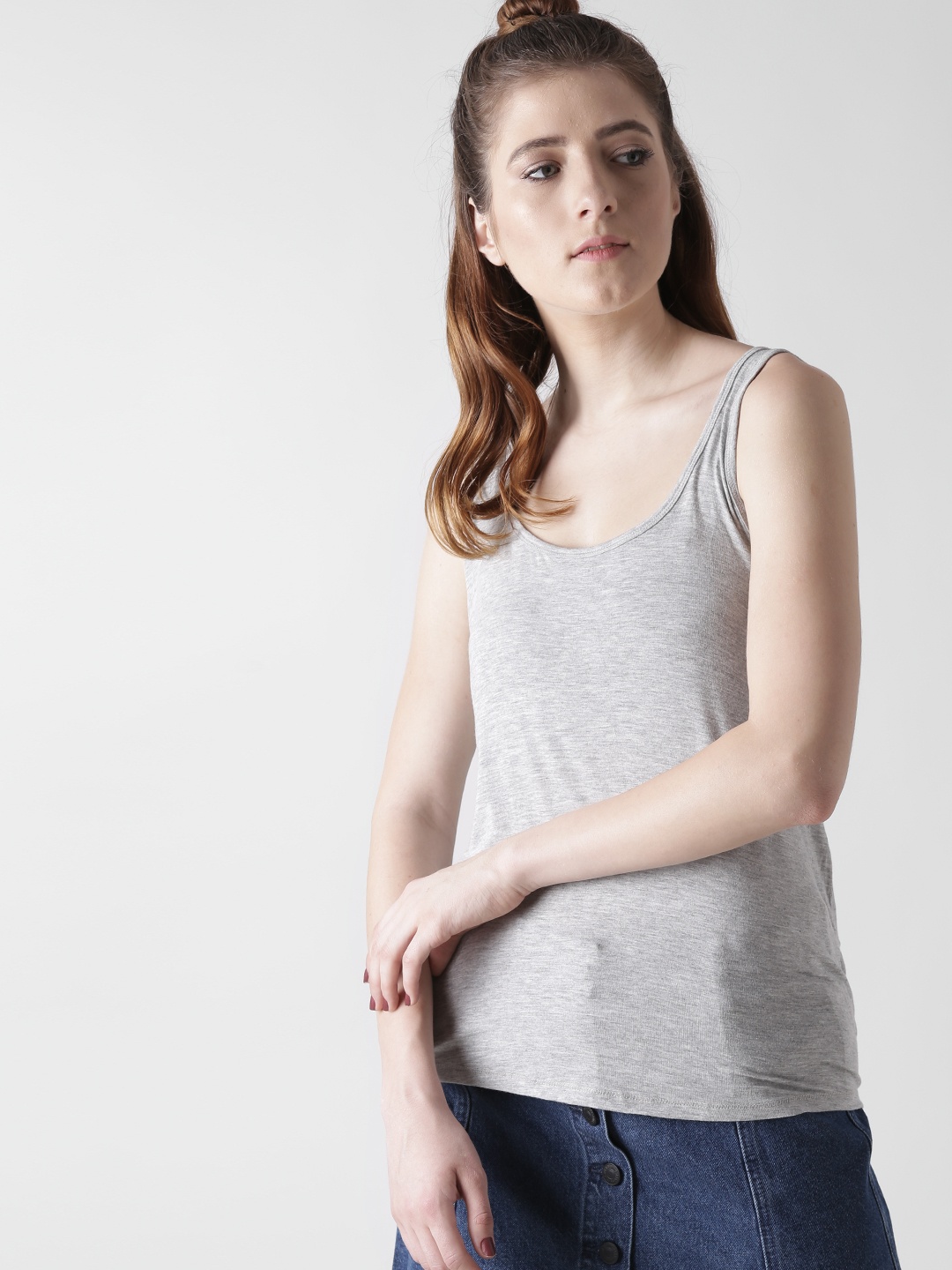 

FOREVER 21 Women Grey Melange Solid Styled Back Top