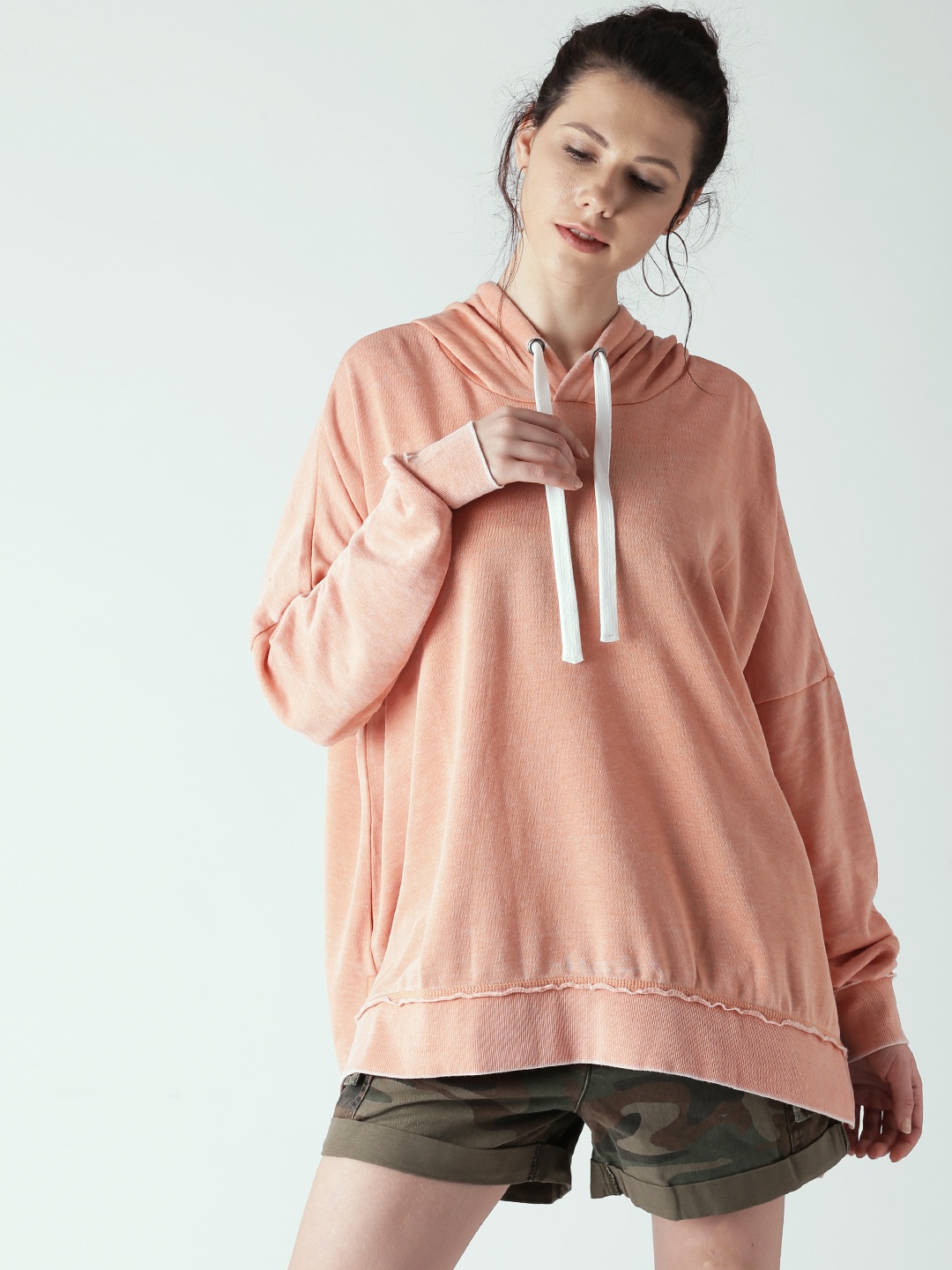 

FOREVER 21 Women Peach-Coloured Solid Hooded Sweatshirt