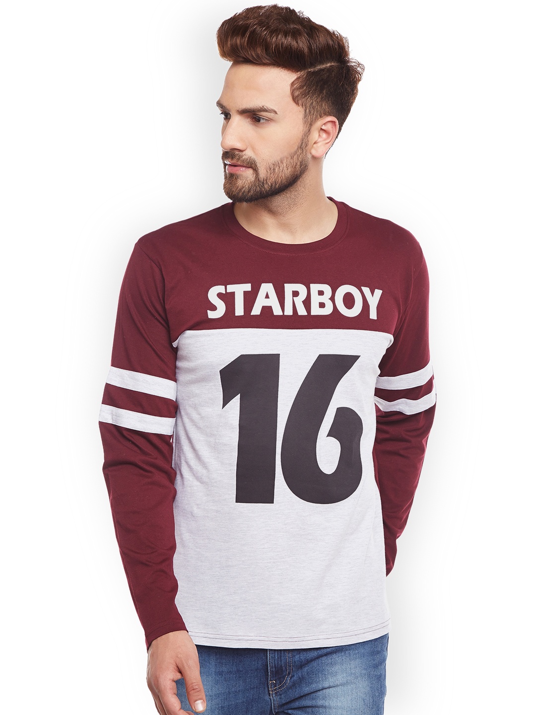 

The Dry State Men Maroon & Grey Colourblocked Round Neck Slim Fit T-shirt