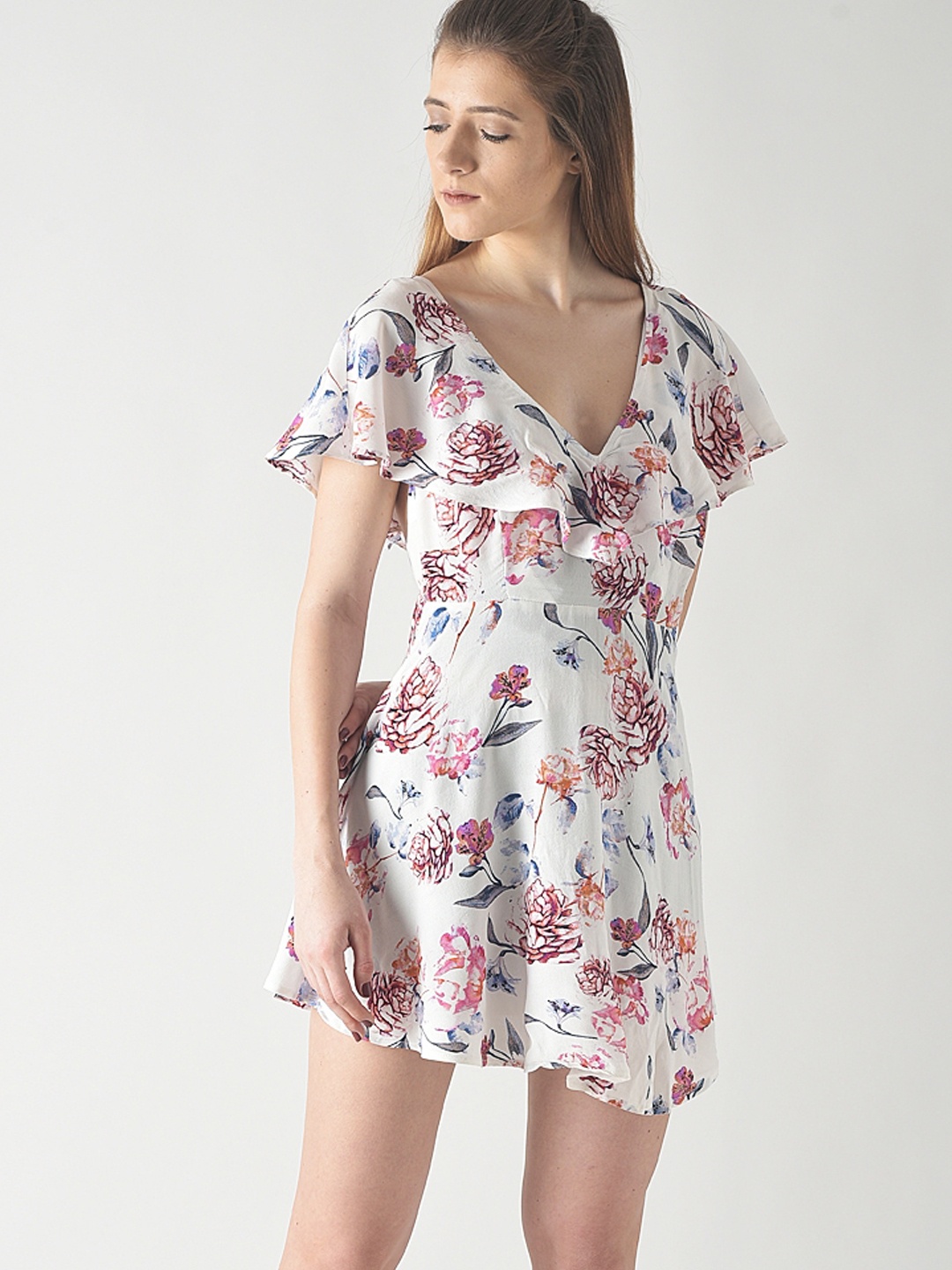 

FOREVER 21 Women White Floral Print Layered Fit and Flare Dress