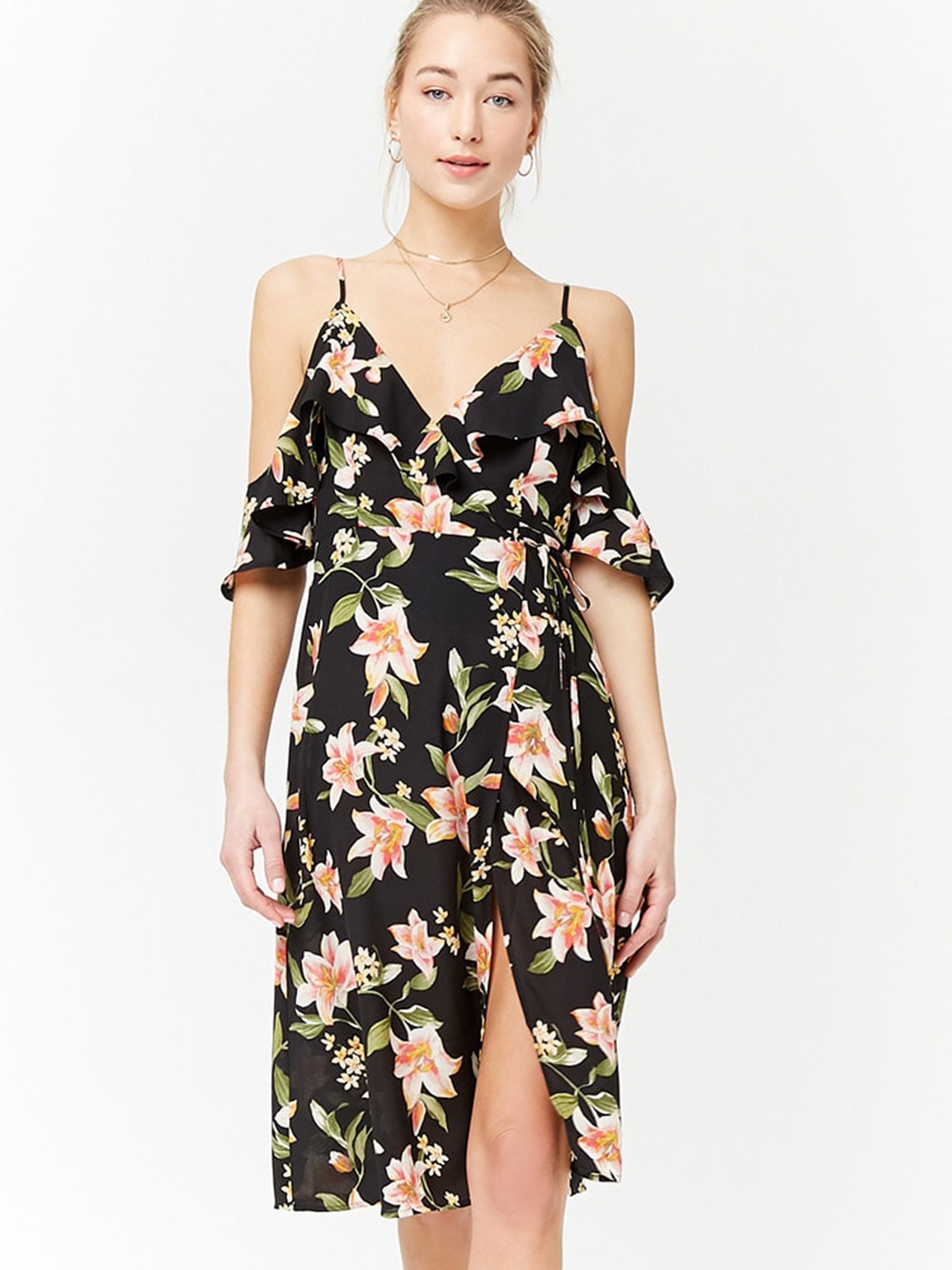 

FOREVER 21 Women Black Printed Wrap Dress