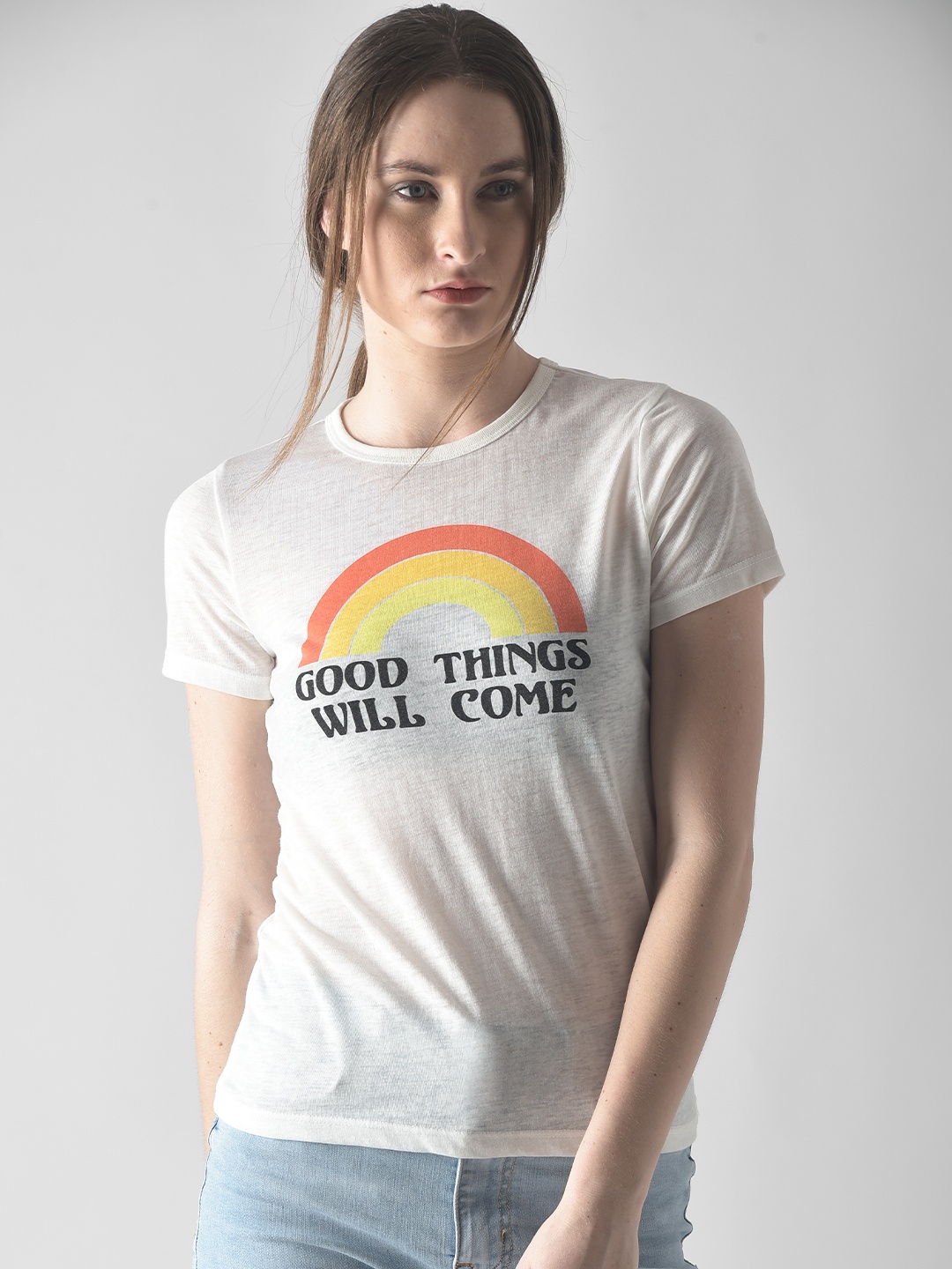 

FOREVER 21 Women White Printed Round Neck T-shirt