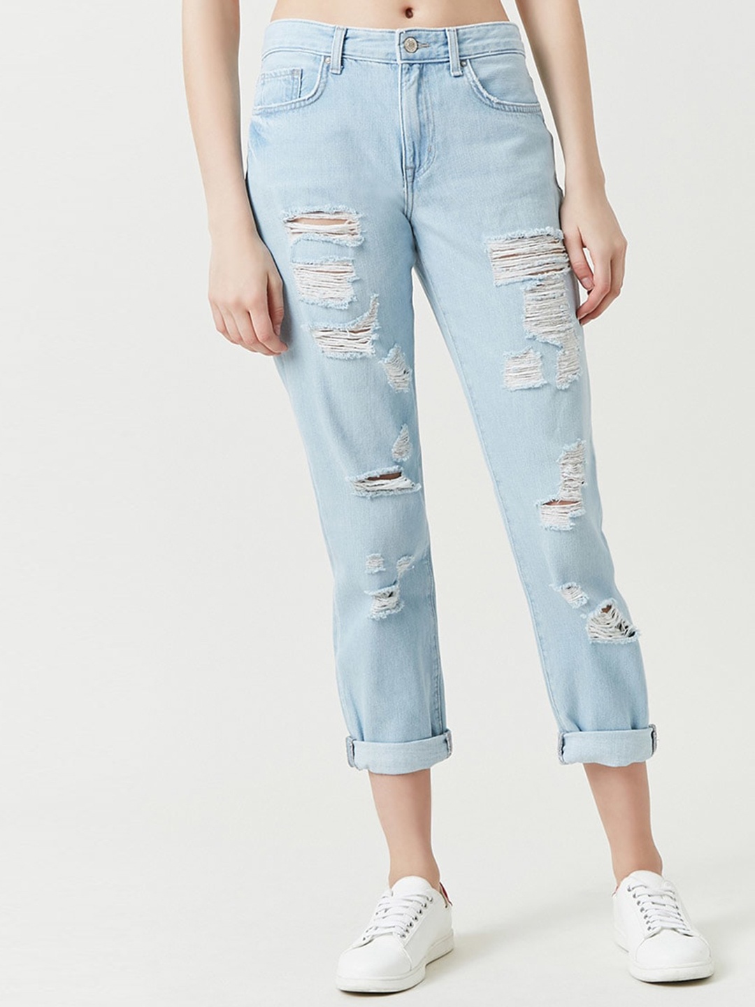 

FOREVER 21 Women Blue Boyfriend Fit Mid-Rise Highly Distressed Jeans