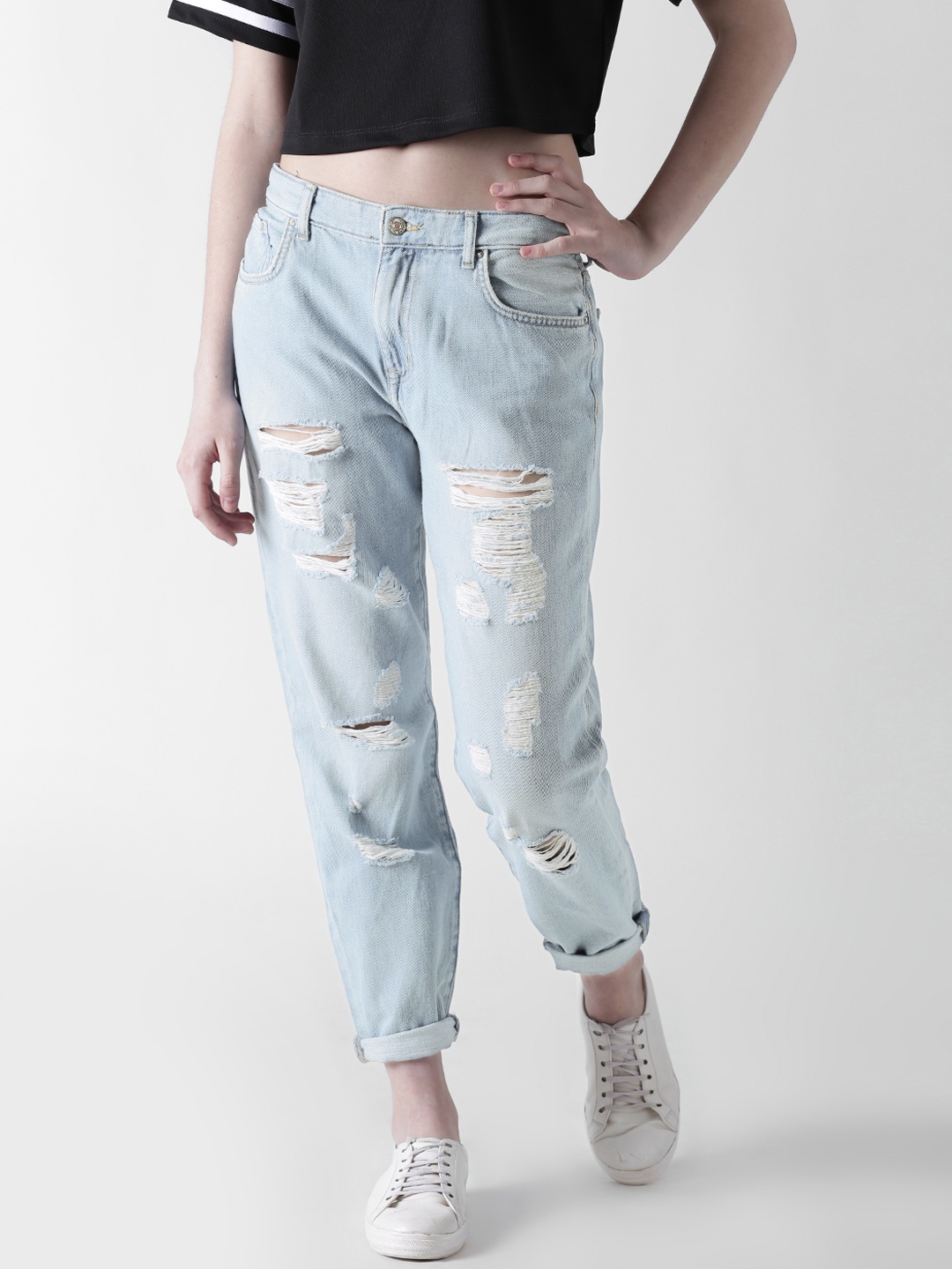 

FOREVER 21 Women Blue Regular Fit Mid-Rise Highly Distressed Jeans