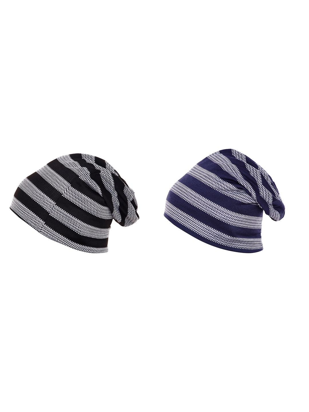 

VIMAL Men Cotton Striped Pack of 2 Beanie Caps, Black