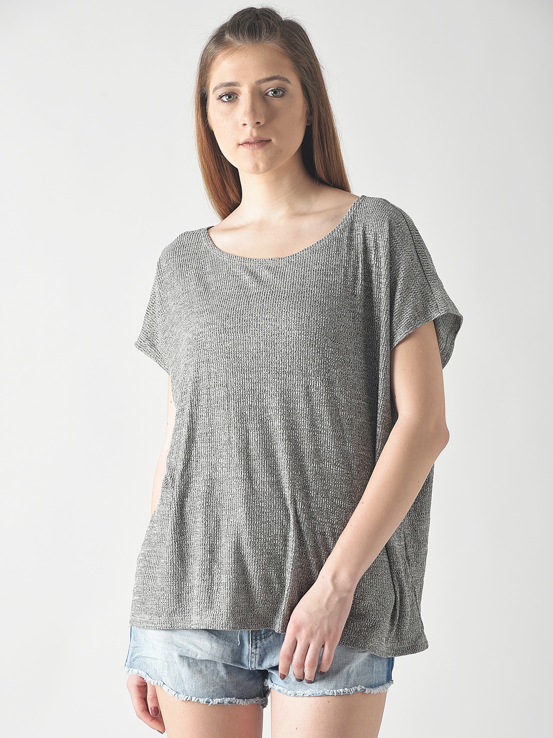 

FOREVER 21 Women Grey Melange Self-Striped Boxy Top